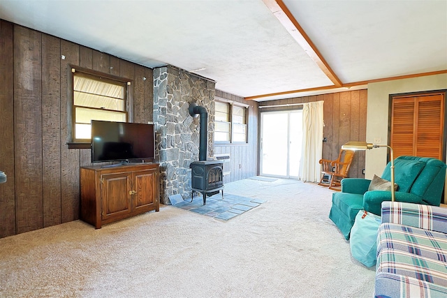living area with a wood stove, wooden walls, and carpet flooring
