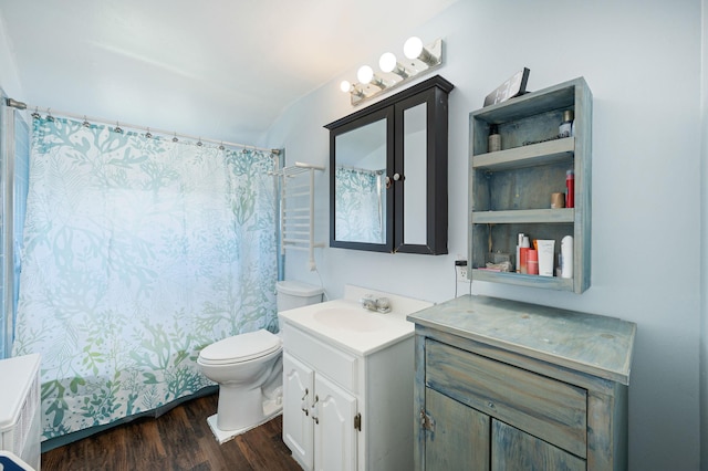 bathroom featuring wood finished floors, toilet, a shower with curtain, and vanity