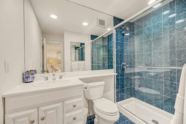 full bath featuring vanity, toilet, recessed lighting, visible vents, and a stall shower