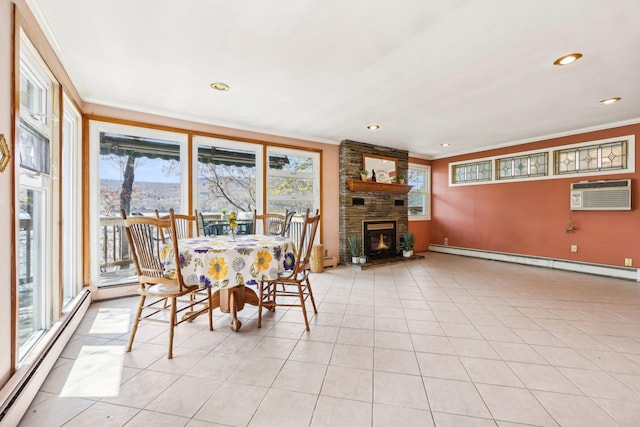 dining space with a wall unit AC, ornamental molding, and a baseboard heating unit