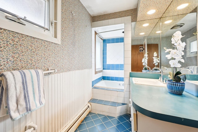 full bath with recessed lighting, a relaxing tiled tub, vanity, tile patterned floors, and wallpapered walls