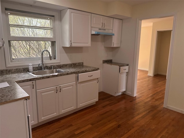 kitchen featuring dark wood-style flooring, baseboards, white cabinetry, under cabinet range hood, and a sink