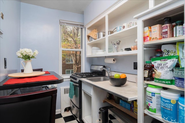 10 Bryant Cres Unit 2A, White Plains, NY 10605 - kitchen with open shelves, a sink, tile patterned floors, stainless steel gas range, and light countertops