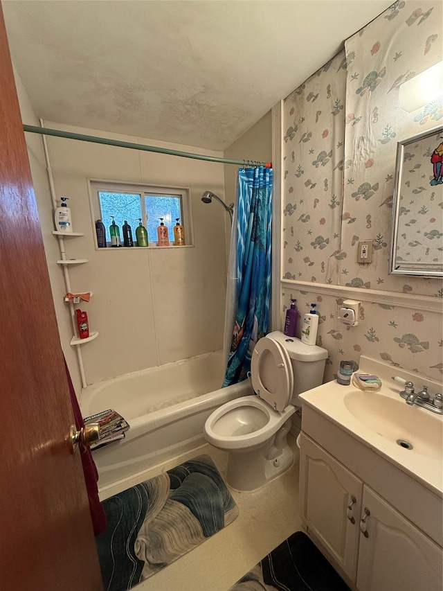 11 Columbus Ave, Brentwood, NY 11717 - bathroom featuring shower / bathtub combination with curtain, vanity, toilet, and wallpapered walls