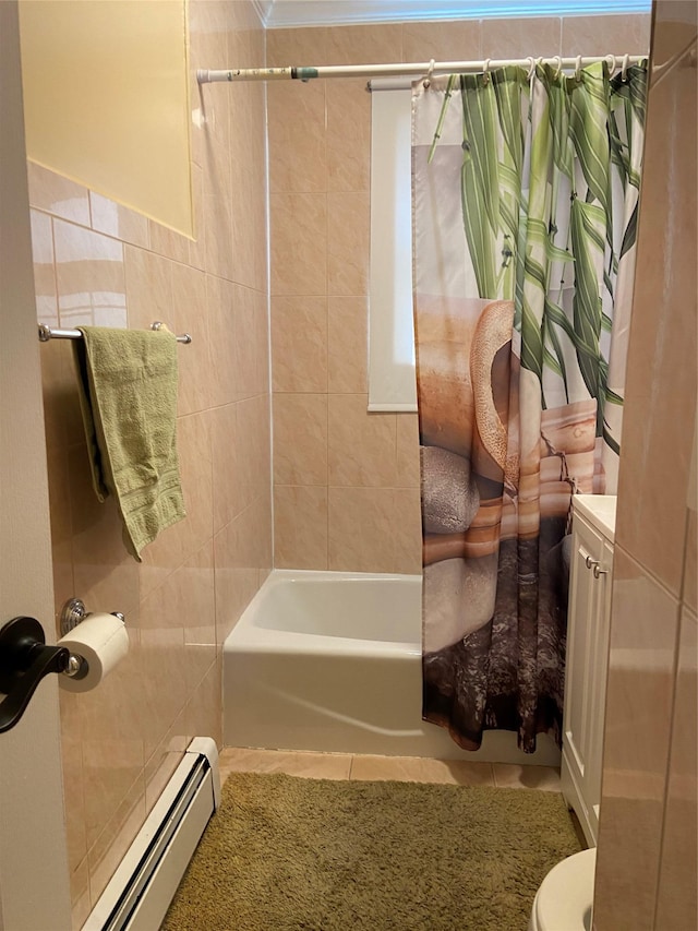 bathroom with tile walls, shower / tub combo, tile patterned flooring, and a baseboard radiator