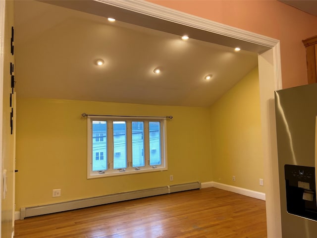 unfurnished living room featuring a baseboard radiator, baseboards, recessed lighting, vaulted ceiling, and wood finished floors