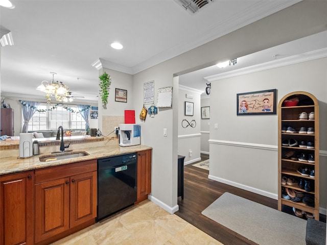3 Cross St Unit 202, Suffern, NY 10901 - kitchen with crown molding, visible vents, light stone countertops, black dishwasher, and a sink