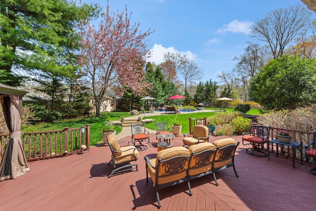 wooden deck with a lawn, an outdoor structure, an outdoor pool, and an outdoor living space