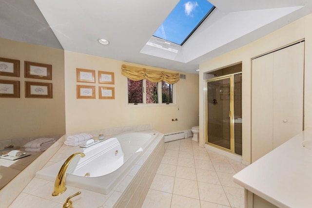 full bathroom featuring a skylight, a shower stall, a whirlpool tub, a baseboard heating unit, and toilet