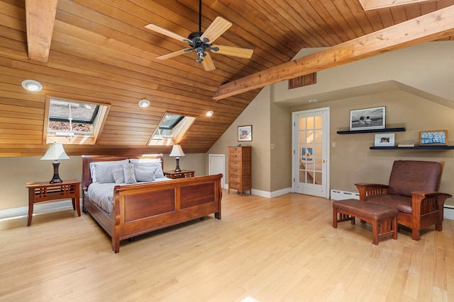 bedroom with baseboards, wood ceiling, lofted ceiling with skylight, and a baseboard radiator