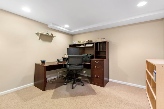 carpeted office with recessed lighting and baseboards