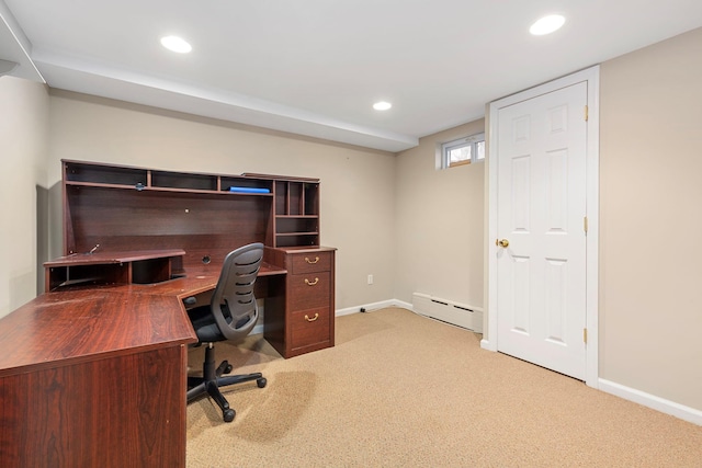 carpeted home office with baseboards, recessed lighting, and a baseboard heating unit