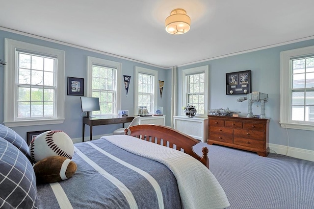 bedroom featuring carpet floors, baseboards, crown molding, and radiator