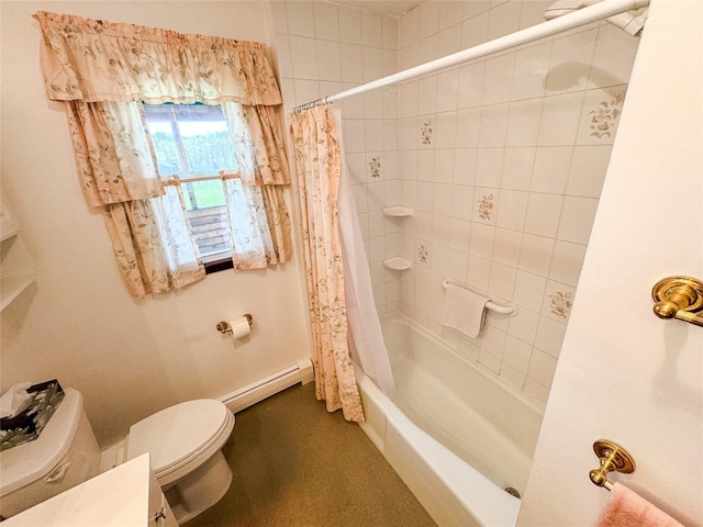 bathroom with toilet, shower / tub combo, and a baseboard radiator