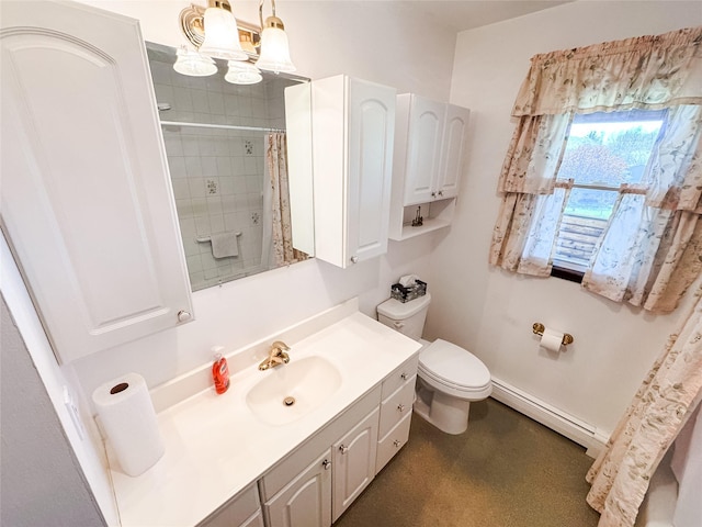 full bathroom with vanity, curtained shower, baseboard heating, and toilet