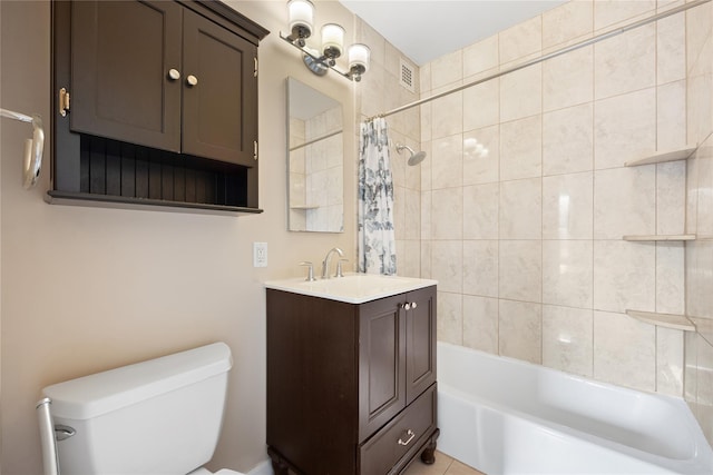 bathroom with shower / bath combo, visible vents, toilet, and vanity
