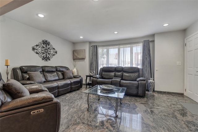 158-35 91st St, Howard Beach, NY 11414 - living area featuring baseboards, recessed lighting, and marble finish floor