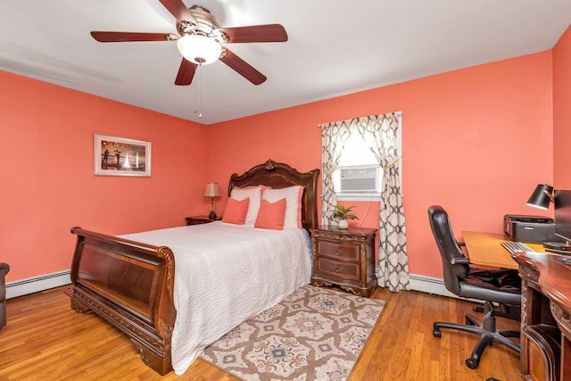 102 Spruce Ln, Valley Stream, NY 11581 - bedroom with baseboard heating, wood finished floors, cooling unit, an office area, and a ceiling fan