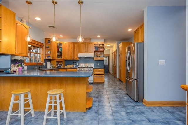 kitchen featuring under cabinet range hood, a peninsula, open shelves, and appliances with stainless steel finishes