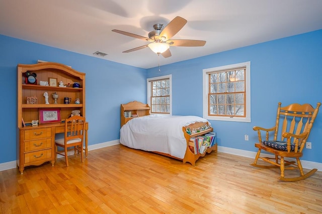 bedroom with baseboards, visible vents, and light wood-style floors