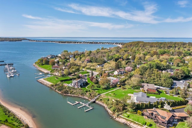 aerial view featuring a water view and a residential view