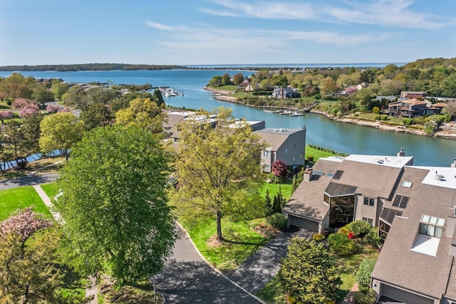 aerial view with a water view and a residential view