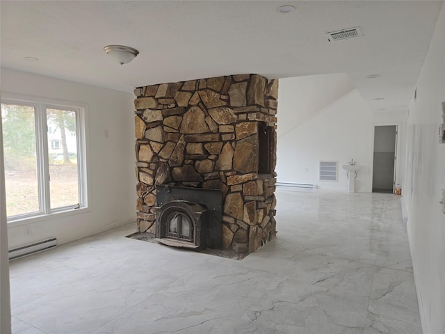 unfurnished living room featuring visible vents, baseboard heating, and marble finish floor