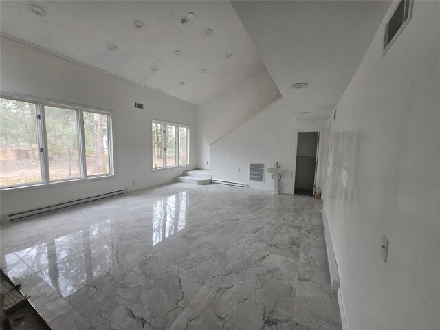 unfurnished living room featuring visible vents, a baseboard heating unit, a baseboard radiator, and marble finish floor
