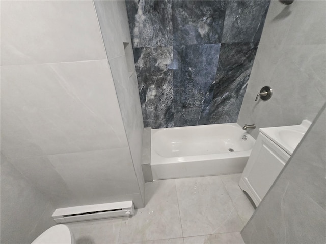 full bath featuring toilet, tile patterned floors, tub / shower combination, and vanity