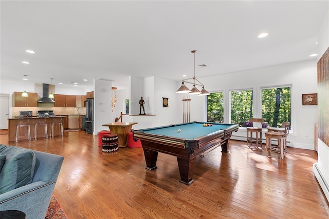 240 Brady Rd, Warwick, NY 10990 - rec room with recessed lighting, billiards, wood finished floors, a baseboard radiator, and baseboards