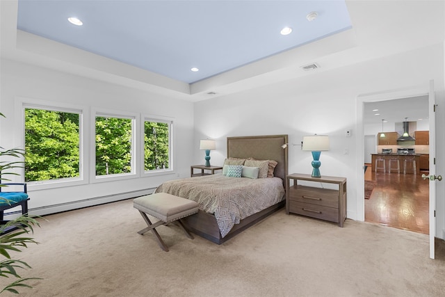 240 Brady Rd, Warwick, NY 10990 - bedroom with a tray ceiling, carpet, baseboard heating, and recessed lighting