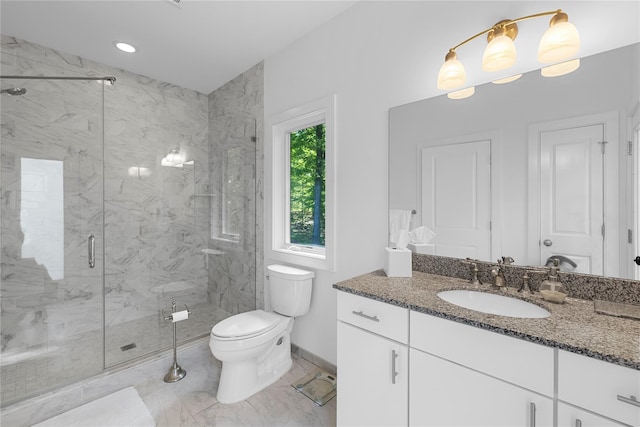 240 Brady Rd, Warwick, NY 10990 - bathroom featuring vanity, a marble finish shower, toilet, marble look tiles, and baseboards