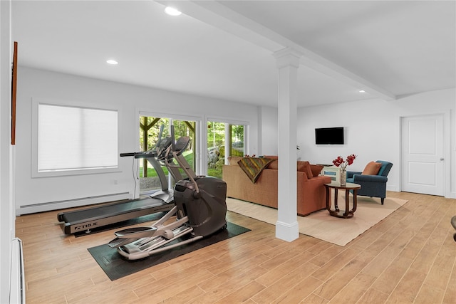240 Brady Rd, Warwick, NY 10990 - workout room featuring a baseboard radiator, decorative columns, light wood-type flooring, and recessed lighting
