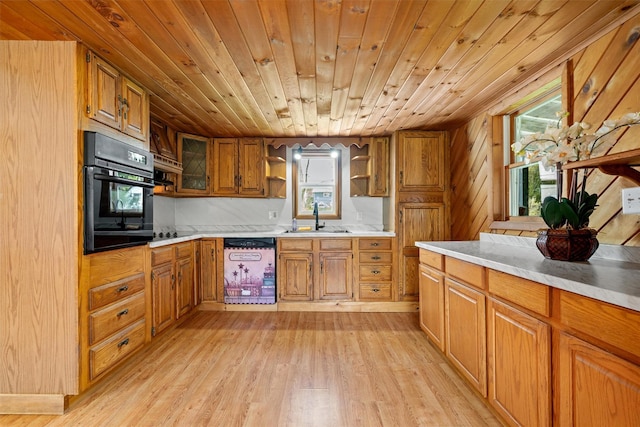 kitchen with a sink, open shelves, oven, dishwasher, and wooden ceiling
