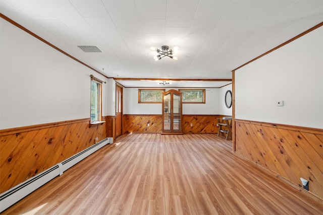spare room featuring a baseboard radiator, light wood-style flooring, visible vents, wood walls, and a wainscoted wall