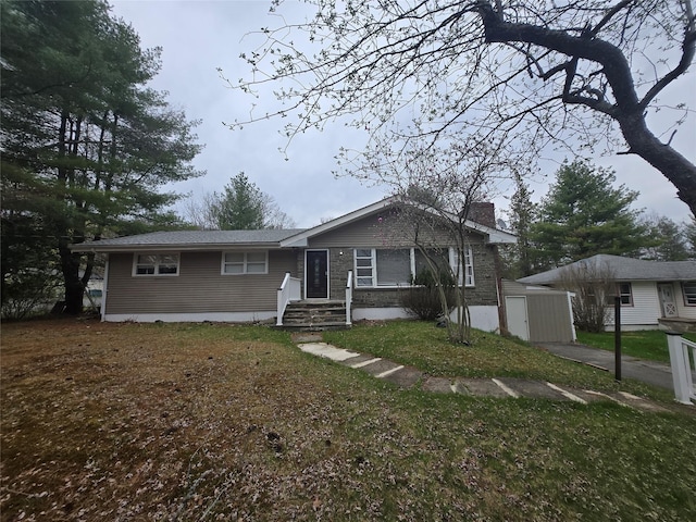 view of front of property with a chimney and stone siding