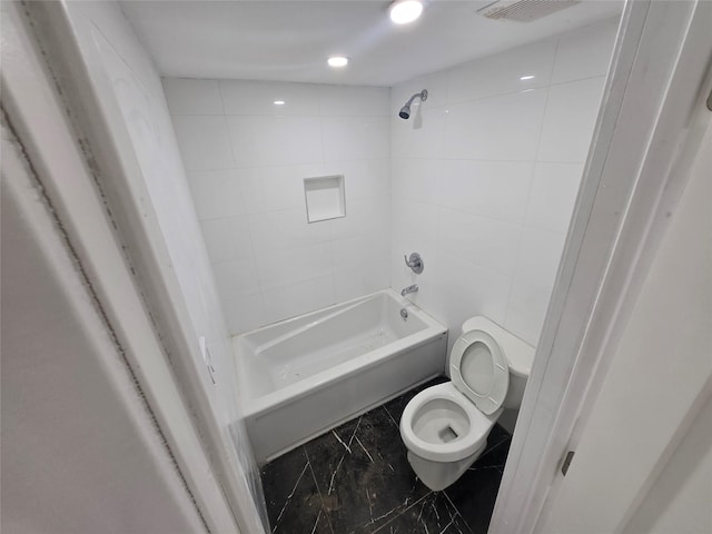 bathroom featuring visible vents, toilet, recessed lighting, shower / bath combination, and marble finish floor