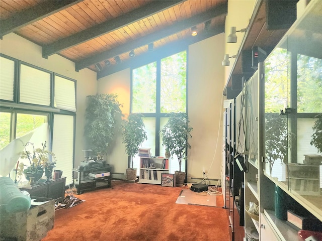 interior space featuring a healthy amount of sunlight, beamed ceiling, and baseboard heating