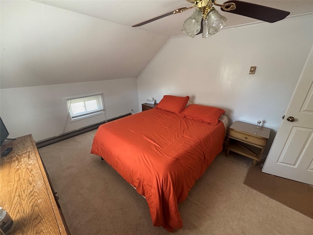 carpeted bedroom with ceiling fan and lofted ceiling