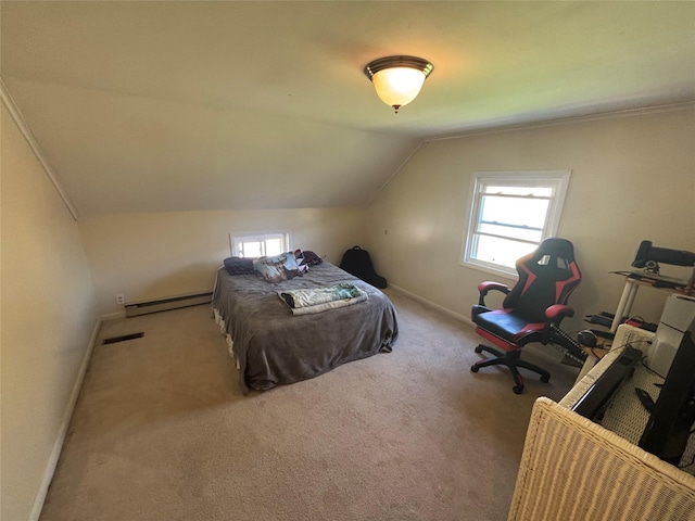 bedroom featuring carpet flooring, multiple windows, lofted ceiling, and a baseboard radiator