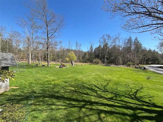 view of community featuring a forest view and a lawn
