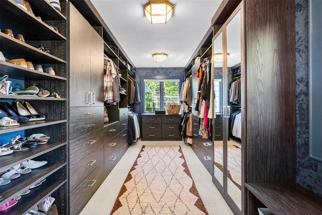 walk in closet with light carpet