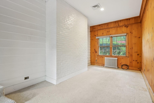 54 Cedar St, Stony Brook, NY 11790 - empty room with radiator, wooden walls, carpet floors, baseboards, and brick wall