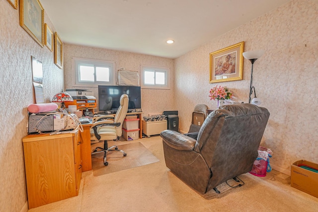 office area featuring carpet floors and wallpapered walls