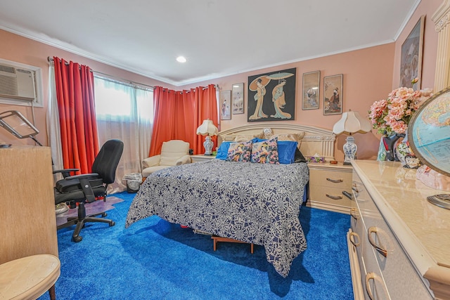 bedroom with crown molding and carpet
