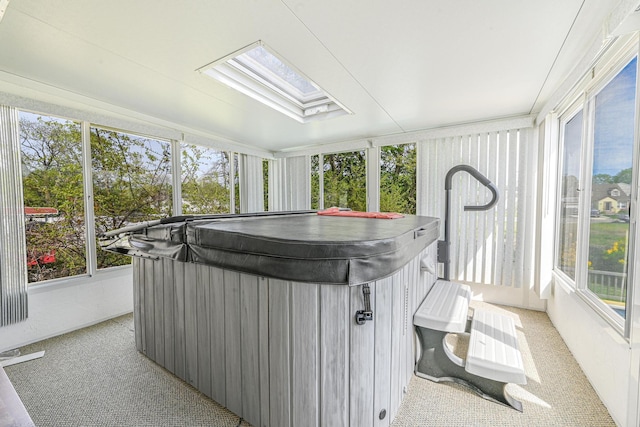 sunroom / solarium featuring a skylight, carpet, and a jacuzzi