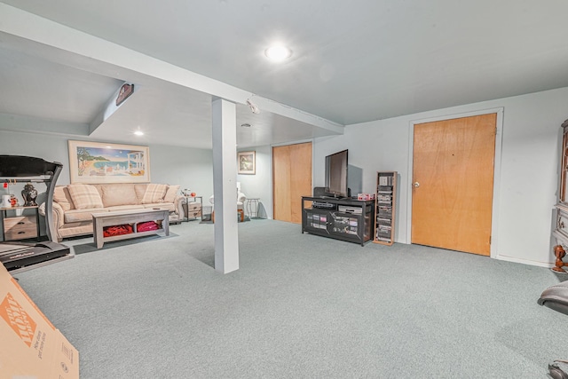living room featuring recessed lighting and carpet flooring