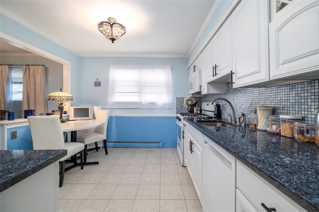 68 Lincoln Ave, Island Park, NY 11558 - kitchen featuring white cabinetry, white appliances, backsplash, and a sink