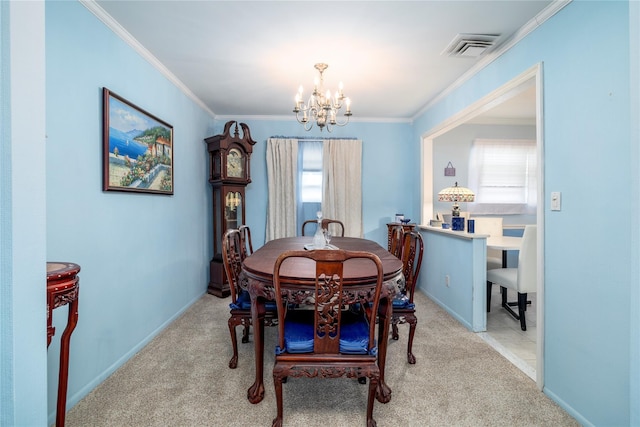 68 Lincoln Ave, Island Park, NY 11558 - carpeted dining room with crown molding, a notable chandelier, baseboards, and visible vents