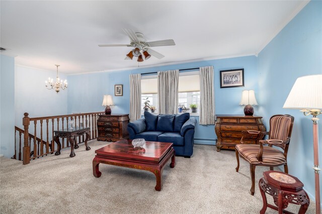 68 Lincoln Ave, Island Park, NY 11558 - carpeted living room featuring visible vents, ornamental molding, a baseboard heating unit, and ceiling fan with notable chandelier